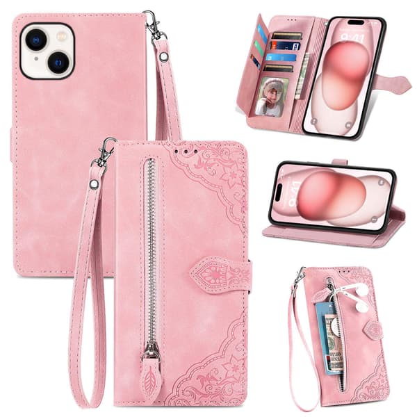 Lämplig för iPhone-fodral - Flip-stil läderfodral med präglat kortfack, rosa för iPhone 16 Pink iPhone 16