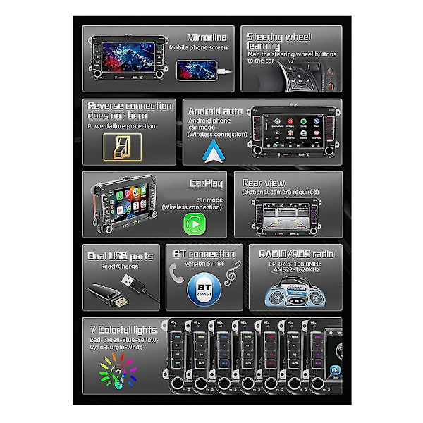 7 Tommer 2din Carplay Android-auto Radio Bil Stereo Bluetooth Mp5-afspiller 2usb til /golf // - Perfet