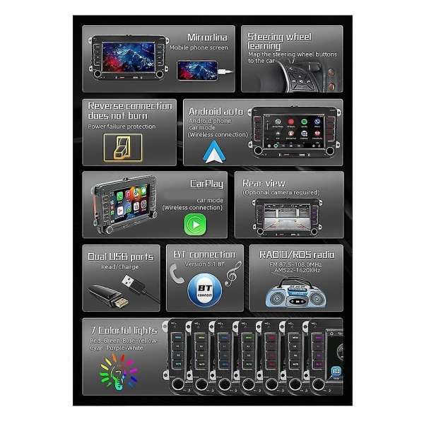7 Tommers 2din Carplay Android-auto Radio Bilstereo Bluetooth Mp5-spiller 2usb for /golf // - Perfet