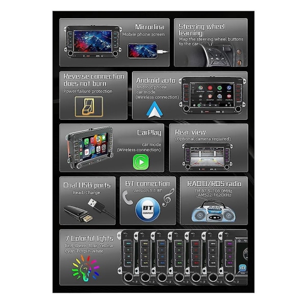 7 tuuman 2din Carplay Android-auto Radio Autostereo Bluetooth Mp5-soitin 2usb /golf // - Perfet