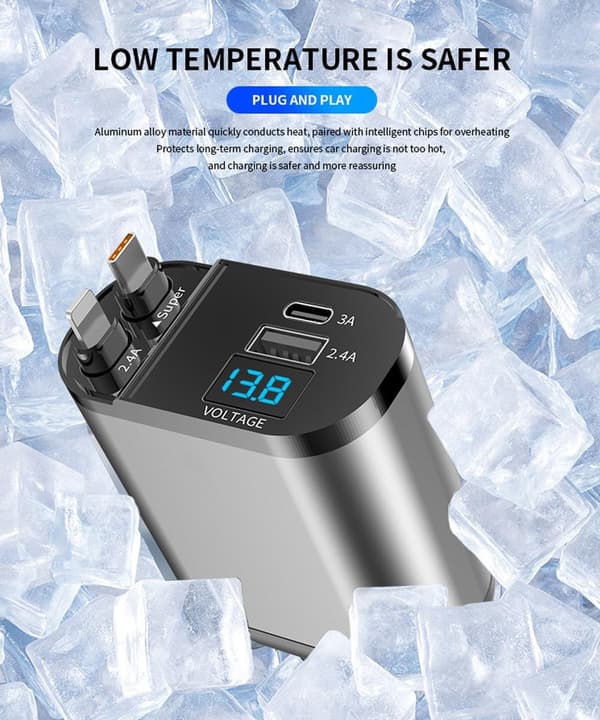 Billaddare med infällbar design - dubbel USB-C datakabel, stöder PD snabbladdning, inkluderar voltmeter och vattentät cigarettändaradapter