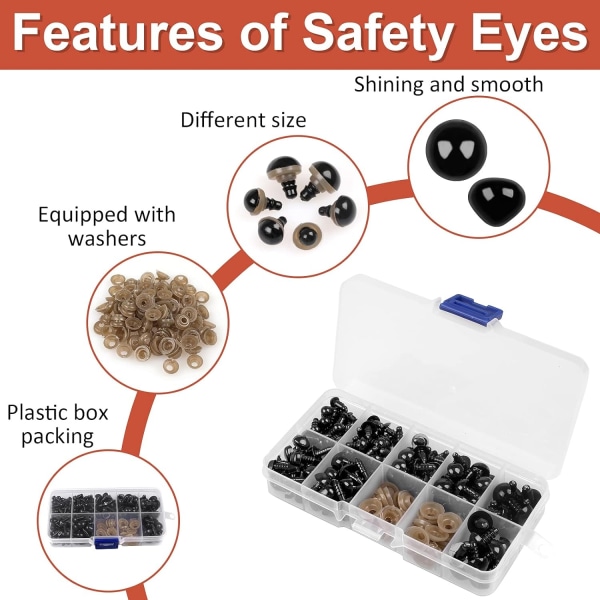 Craft Safety Eyes - 135 stk. Dukkeøjne med bakker (sort, 6-12 mm)