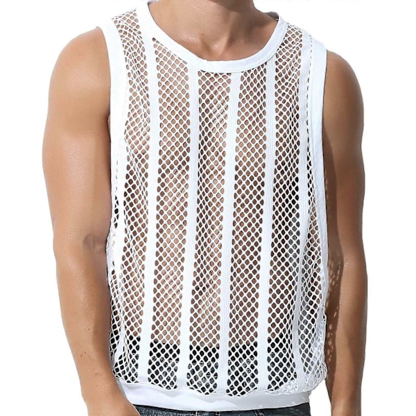 Miesten Fishnet Tank Top - Läpinäkyvä Hihaton T-paita - Perfet White M