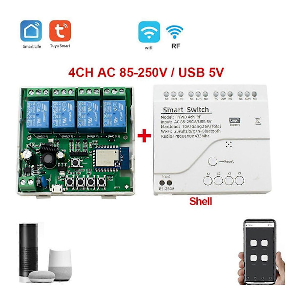 Tuya Smart Wifi Motor Switch Modul RF 433 Radio Fjernbetjening 4CH Inching Relæ til Alexa Home, 4-Perfet