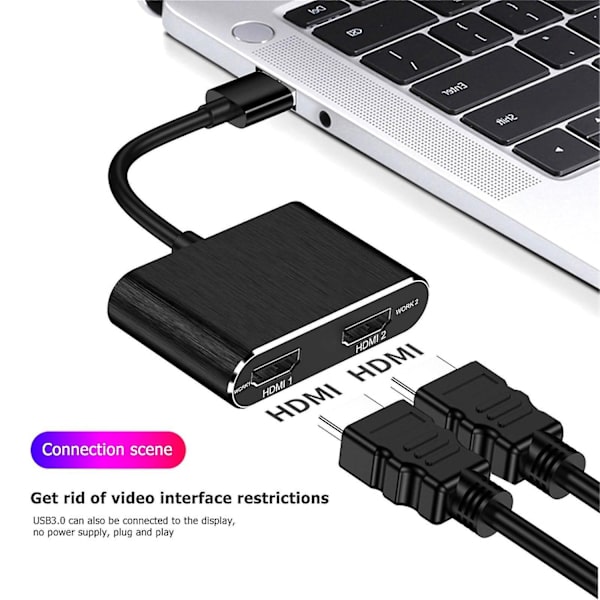 USB 3.0 til dobbelt HDMI-adapter til ekstern video - kun Windows - Perfet Black