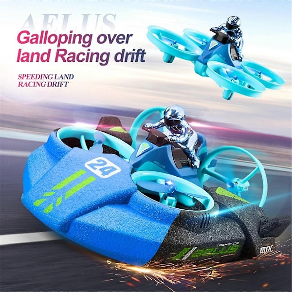 Mini RC Drone Headless Mode 3 i 1 Sjø Land Luft Flygning 2.4G Fjernkontroll Quadcopter Båt RC Helikopter leker Blå-Perfet