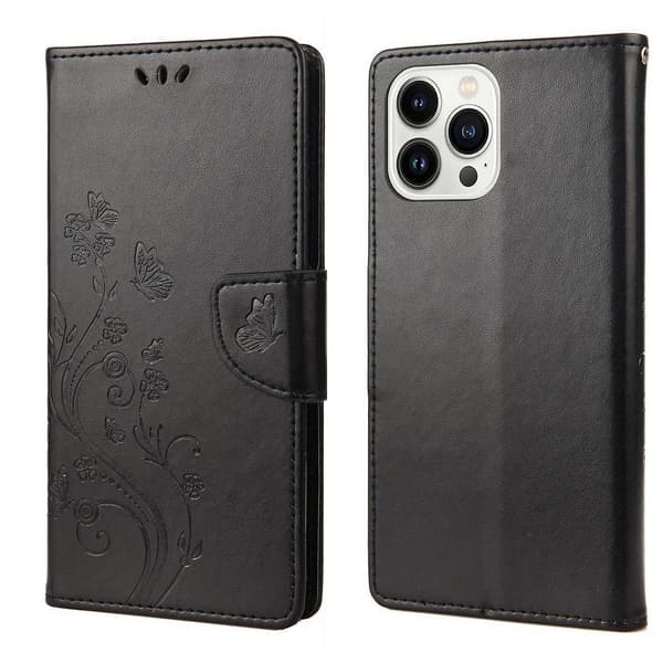 Butterfly Flower PU-deksel Kompatibelt med iPhone 14 Pro-Perfet Black
