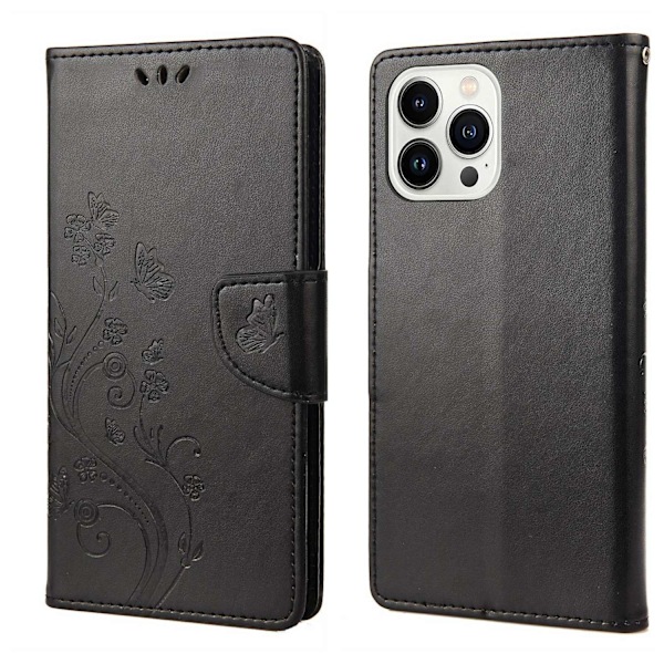 Fjärilsblomma PU-fodral Kompatibelt med iPhone 14 Pro-Perfet Black