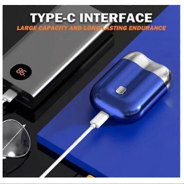Seneste Model USB Genopladelig Elektrisk Barbermaskine til Mænd - Bærbar Mini Dobbeltbladet Vaskbar Rejsebarbermaskine - Perfekt blue