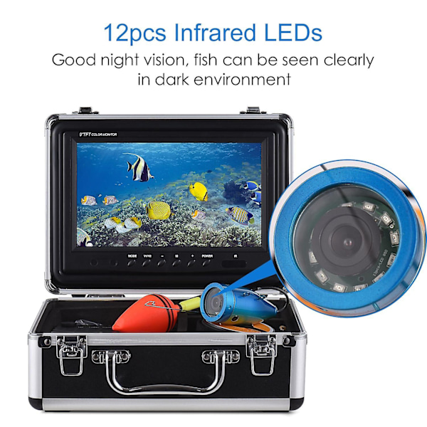 1200TVL Undervandsfiskekamera Fiskefinder med 12 IR LED'er 7 Tommer/9 Tommer LCD-skærm 15M/30M/50M Ca-Perfet 9" monitor x 30M cable