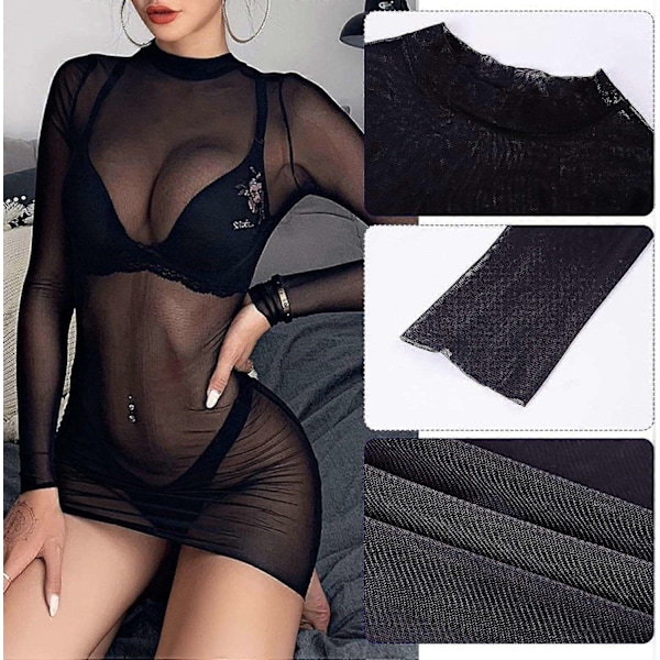 Sexy svart minikjole med lange ermer og transparent design for kvinner - Perfekt Black L