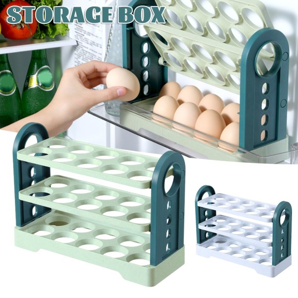 Vendbar ægopbevaringsboks, flerlags ægholder, køleskabsæggeboks, 30 rum med stor kapacitet ægopbevaring - Perfet Light Green