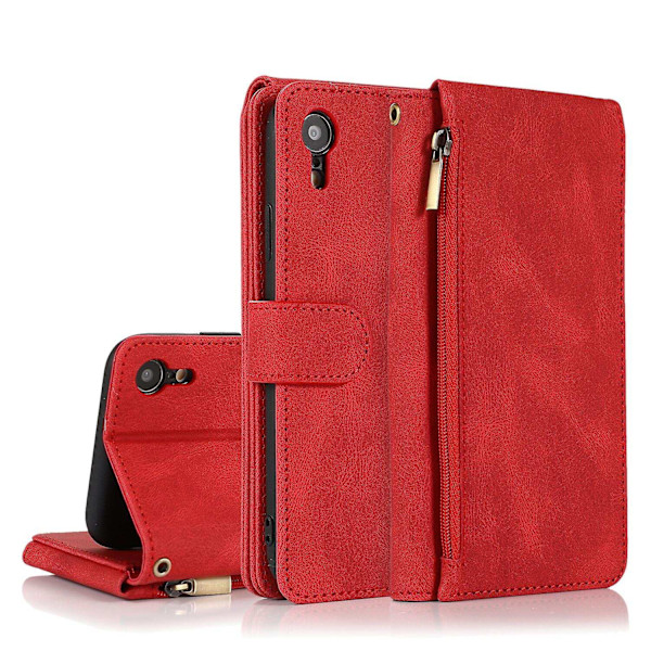 Kompatibel med iPhone Xr Cover, 8 Kort Slots Retro Læder Wallet Stødsikkert Flip Kickstand Cover med Lynlåslomme-Perfet Red