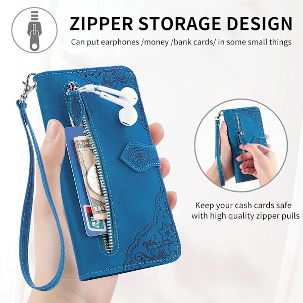 iPhone-etui - Flip læderetui med prægede kortpladser, blå til iPhone 14 Pro Max Blue iPhone 14 Pro Max