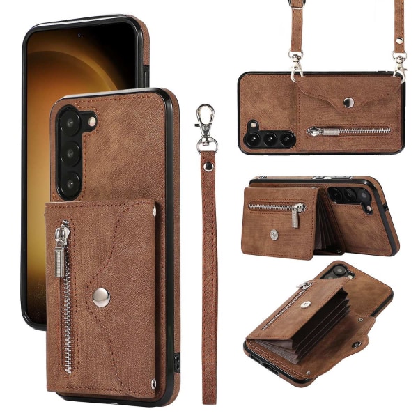 Anti-støv Pu læder+tpu telefon cover til Samsung Galaxy S23 Rfid blokerende kort cover Kickstand Cover - Perfet Brown