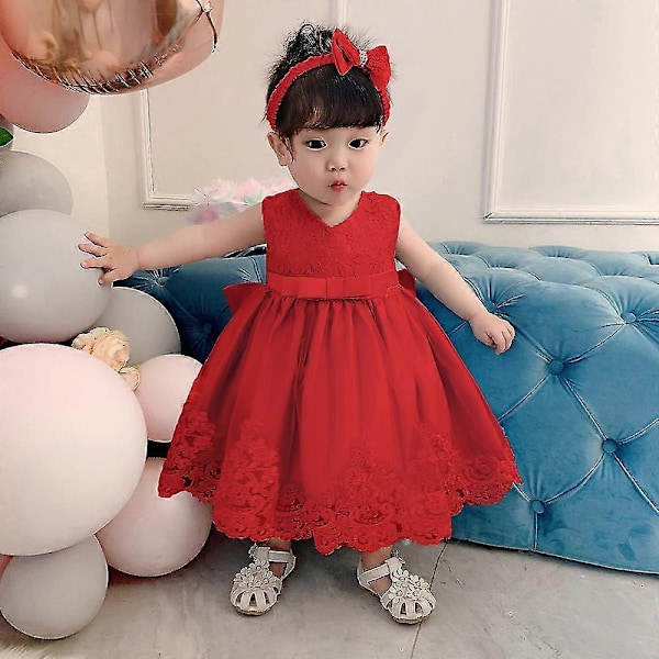 Barn Baby Flicka Fest Bowknot Tutu Klänning Festspel Bröllop Prinsessa Dop - Användbar - Perfekt Red 18-24 Months