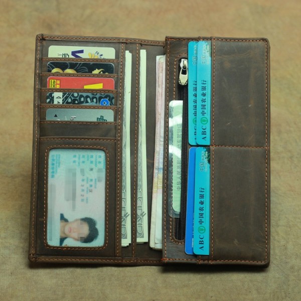 Crazy Horse Leather Lang lommebok for menn Bifold Pure Genuine Leather - Perfet