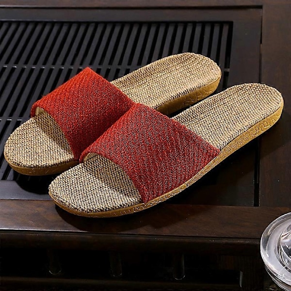 Par slippers i lin for par - tatami-stil, hjemmebruk, tre- og flisgulv, halm- og rotting-slippers, sommer, sklisikre, innendørs - perfekt Red 37-38