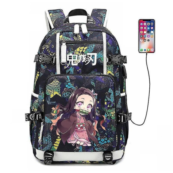 Anime tegneserietryk Sort skoletaske Student udendørs rejserygsæk med USB-interface Oxford Breath - Perfet