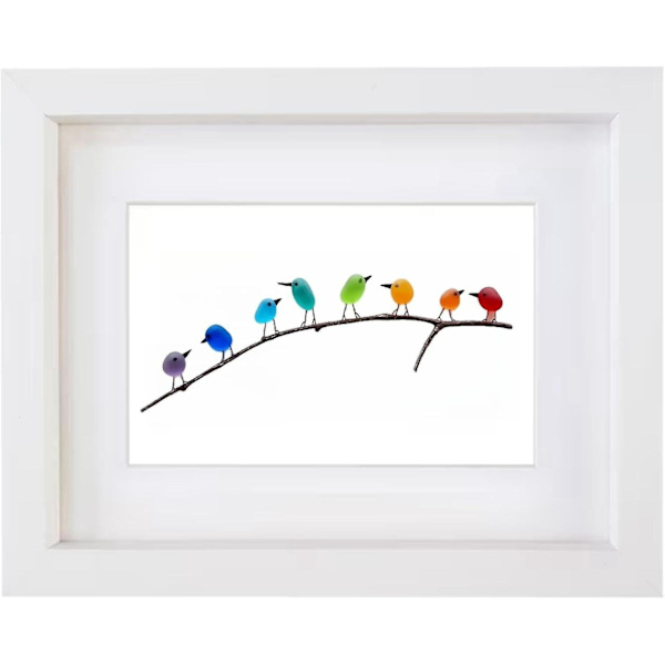 Havsglas Regnbågsfåglar, Havsglaskonst, Havsglas & Drivved Bild, Regnbågsfågel Väggdekor, Perfekt Present Passar Jul Födelsedag Halloween White Frame 8 Birds
