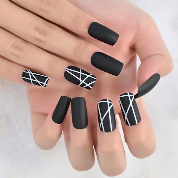 Black White Line Matt Press on False Nails Medium Leng - Perfet