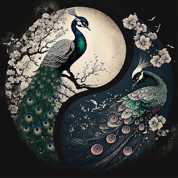 Korkealaatuinen 5D timanttimaalaussarja, Yin Yang Panda/Lohikäärme/Riikinkukko/Norsu DIY täysi pyöreä timantti, kodin seinäkoriste 30x30cm - Täydellinen B - Peacock