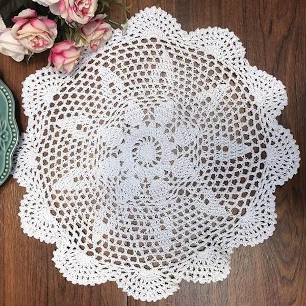 Käsintehty virkattu puuvillainen pitsiliina, pyöreä, valkoinen, 16 I- Perfet 40cm round