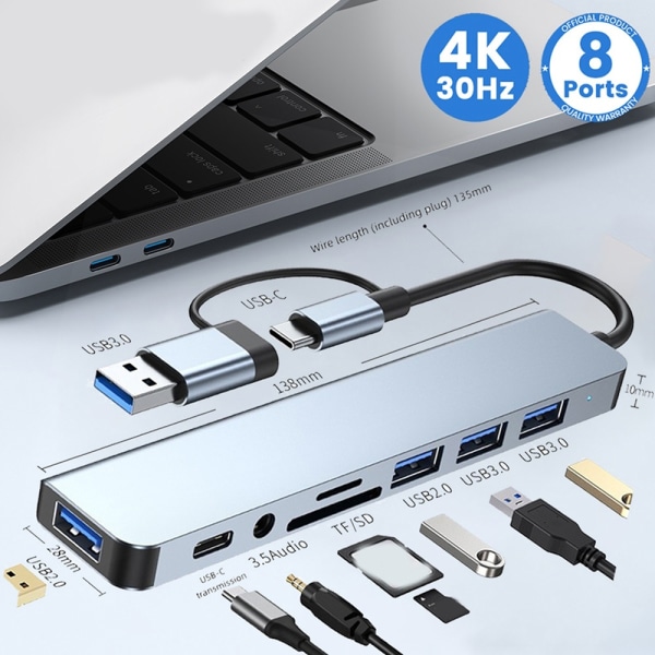 USB C dockningsstation USB C Hub Adapter för flera bildskärmar med 4 - Perfet TU 7 in 1