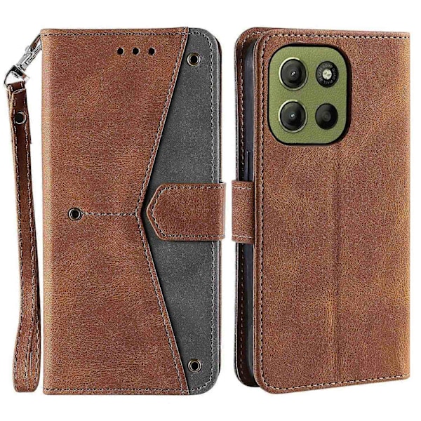 för Motorola Moto G15 4G Läderfodral Splitsning Sömmar Plånbok Ställ Telefonskal med Rem - Brun-Perfet Brown