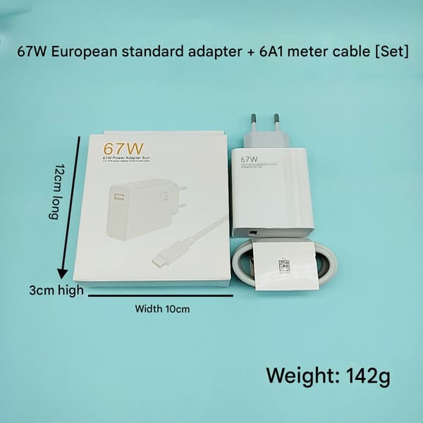 67W SuperCharge Kit til Xiaomi, Type A Europæisk Stik Hurtigoplader (1 meter) 67W
