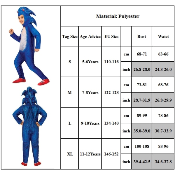 Sonic The Hedgehog Cosplay kostumetøj til børn, drenge, piger - Jumpsuit + Maske + Handsker 10-14 år = EU 140-164 - Perfet Jumpsuit+huva+handske 9-10 år = EU 134-140