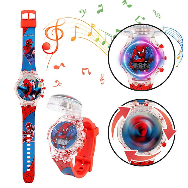 Barnebarn Cartoon Watch Blinkende Lys Opp Glow Digital Musikalske Klokker Spinning Top Flip Cover Armbåndsur Leke-Perfet Spiderman