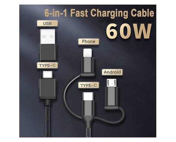 5-in-1 moninylonkaapeli USB C/micro 60W pikalataus Androidille - WELLNGS