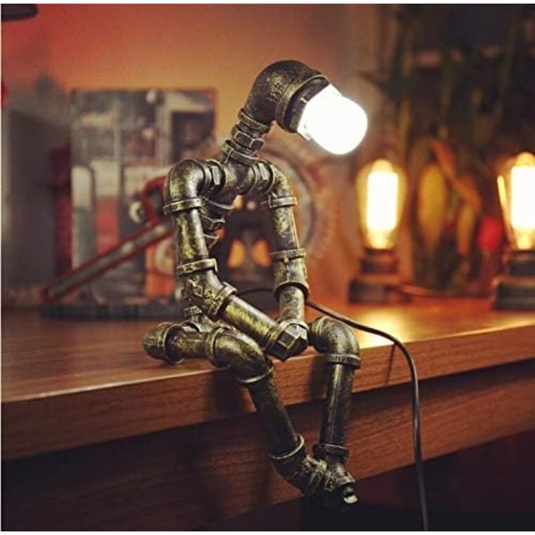 Steampunk bordslampa, vintage industriell bronsrör robotbordslampa med Edison Bulb kreativa gåvor - Perfet
