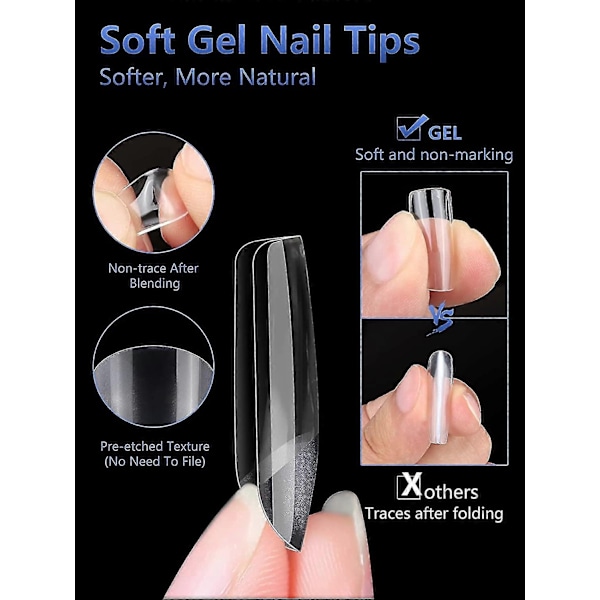 Korte Mandelformede Negletips, 504 stk Bløde Gel Negletips, Klar Negletips til Akrylnegle Professionel, Fuld Dækning Mandelformede Negletips til Negleforlængelse, Falsk Square Nails Tips
