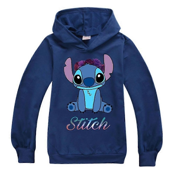 Børne Drenge Piger Stitch Print Ærme Hættetrøje Casual Hættetrøje Sweater Top - Perfet Navy Blue 7-8 Years