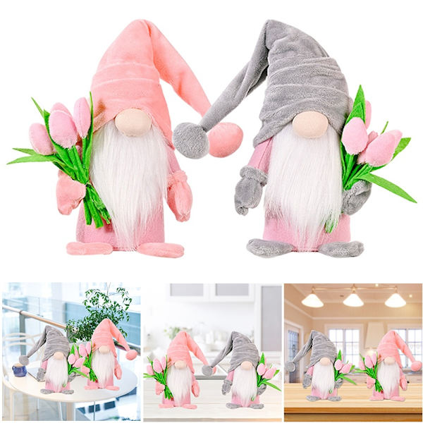 Mors dag ansiktslös docka prydnad Söt hållande tulpan Gnome Toy Kreativ skrivbordsinredning Bra present till mamma The Pink Hat