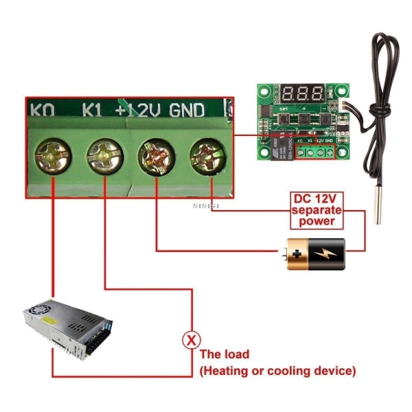 Termostat W1209 DC 12V Temperaturstyring LED Læsekabel - Perfet Grön