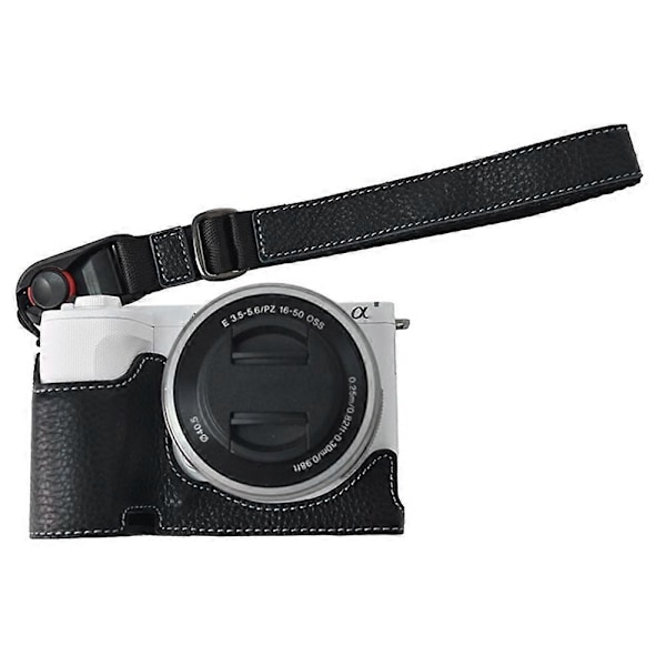 til Sony ZV-E10 II Kamerataske Stor Åbning Ægte Ko Læder Beskytter med Håndledsrem - Sort-Perfet Black