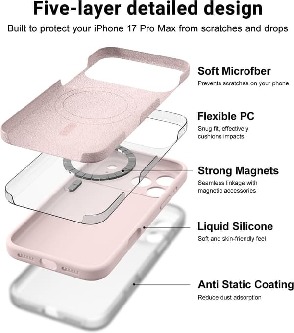 Magnetiskt telefonfodral för iPhone Air, MagSafe-kompatibelt, klassiskt flytande silikonmaterial, reptåligt mikrofiberfoder, kritrosa Rose iPhone 17 Air