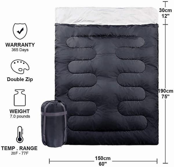 Dubbla sovsäckar för vuxna, backpacking, camping eller vandring - Queen size sovsäck - 2-personers sovsäck, vattentäta dubbla sovsäckar - Perfekt Grey Grey