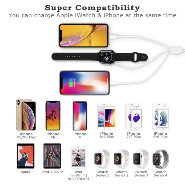 （hvit）3-i-1-kabel for iPhone Airpods Apple Watch Charger Trådløs USB-ladestasjon