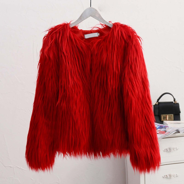 Kvinnors konstgjorda päls varm kappa bekväm enfärgad kort kappa kofta för vardaglig dejting utgående-Perfekt Red 4XL