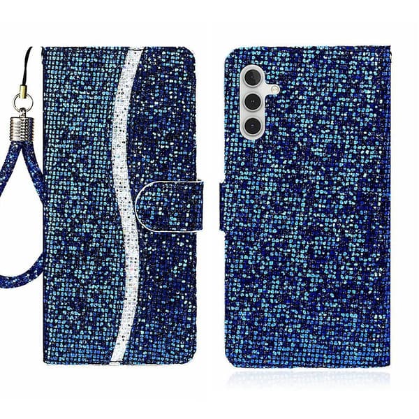 Glitter Pulver Læder Etui Kompatibelt med Samsung Galaxy A15 5G - Perfekt Blue