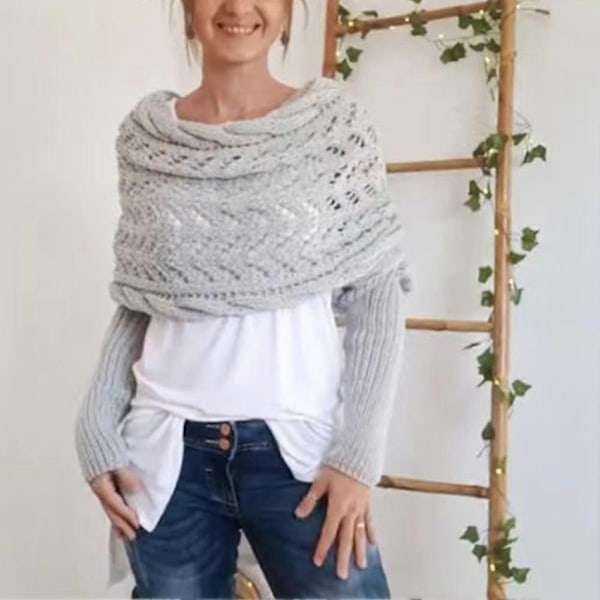Hækleopskrift Ærme Wrap Tørklæde Stilfuld Personlig Hæklet Sweater Tørklæde til Indendørs Udendørs-Perfekt Grey Green