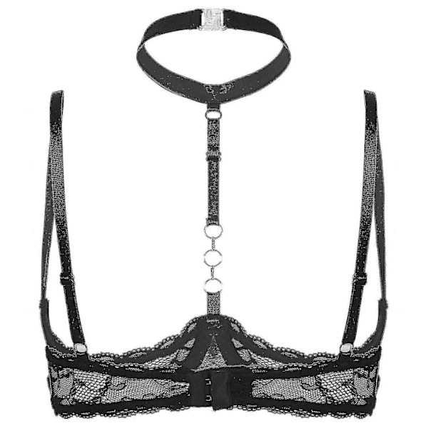 Dam 1/4-kupa bygel-bh halterneck O-ring transparent spets push-up bh underkläder öppen byst bh underkläder-Perfet Black D S