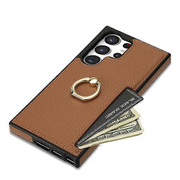 Kompatibelt Kompatibelt med Samsung Galaxy S24 Ultra Mobiltelefonfodral PU Läder + TPU Ring Ställskydd - Perfekt Brown