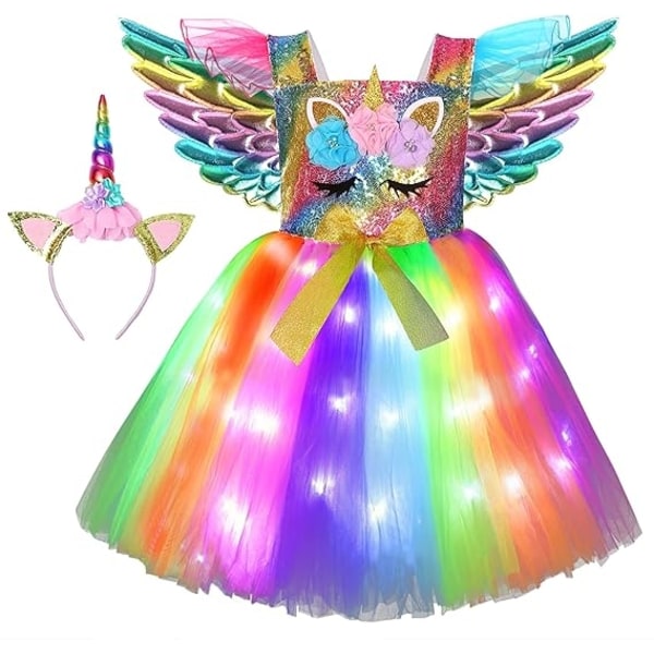 Unicorn Klänning för flickor, Unicorn Kostymer LED-belyst TuTu-klänning med pannband Regnbåge- Perfet Rainbow 110