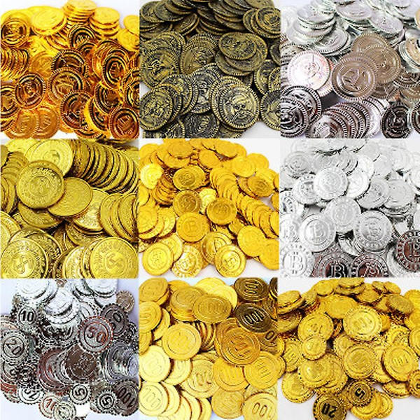 50 stk Plast Bitcoin Gull Skattmynter Kaptein Piratfest Piratskattkiste Barn Skattkiste Mynt Leke Penger-Perfet copper 100 pcs