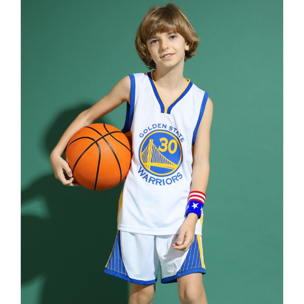Stephen Curry No.30 Baskettröja Set Warriors Uniform för barn tonåringar - Perfet White M (130-140CM)
